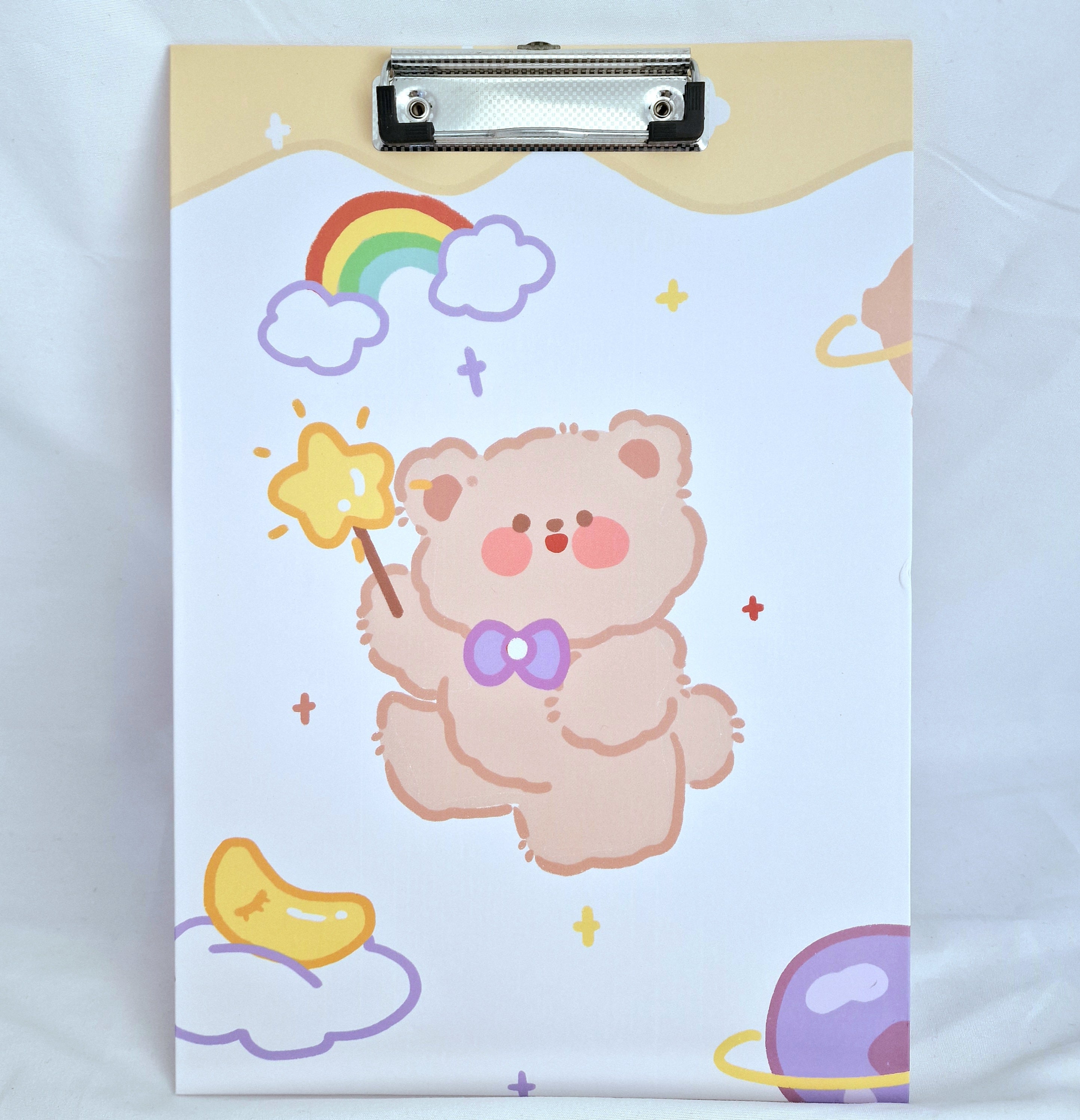 MajorCrafts White 'Rainbow Clouds' Bear Printed Kawaii themed Novelty A4 Clipboard CB10