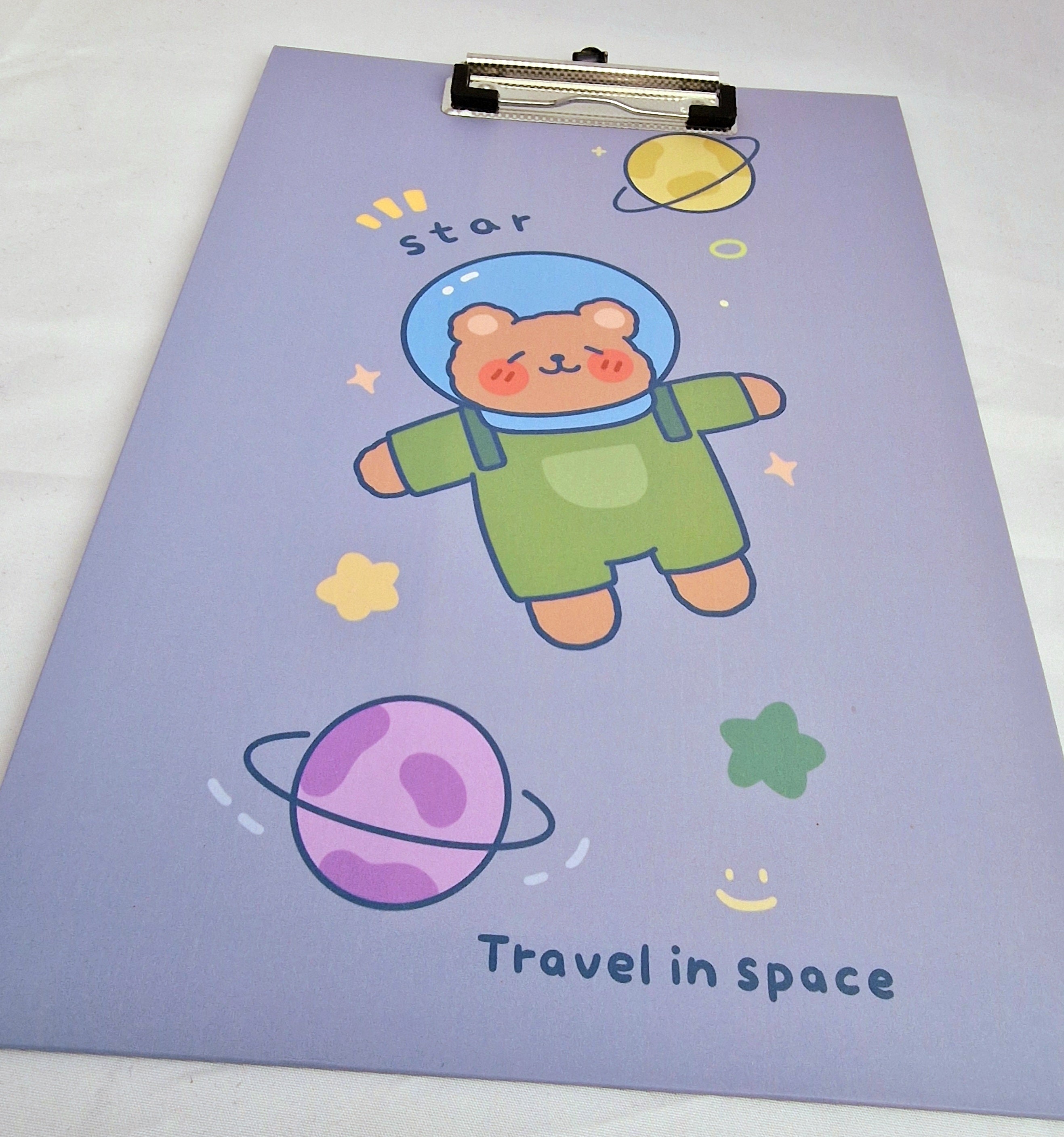 MajorCrafts Blue 'Travel in Space' Bear Printed Kawaii themed Novelty A4 Clipboard CB14