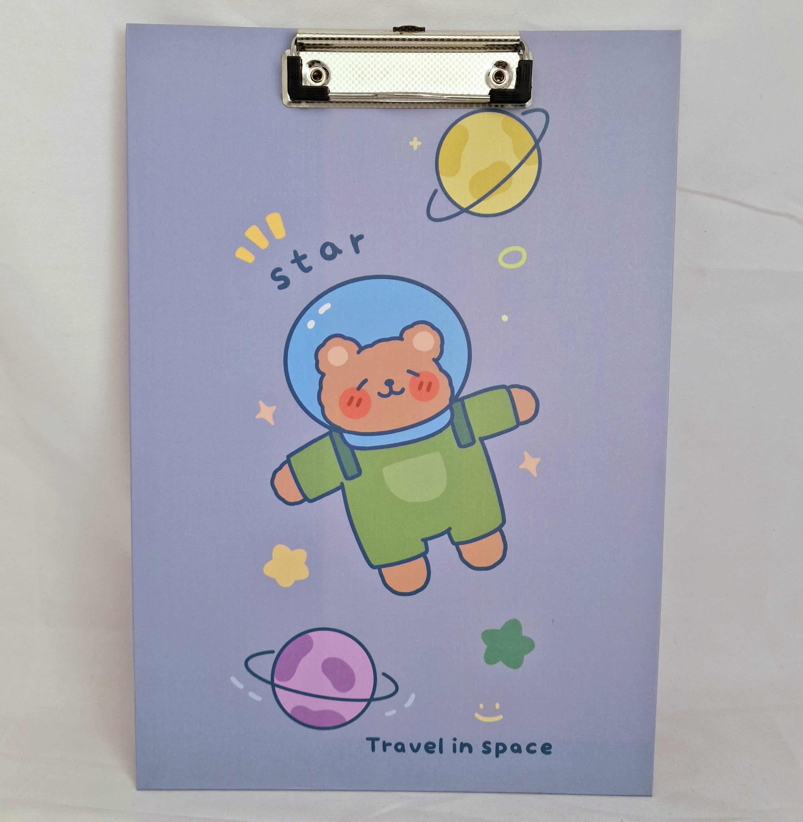 MajorCrafts Blue 'Travel in Space' Bear Printed Kawaii themed Novelty A4 Clipboard CB14