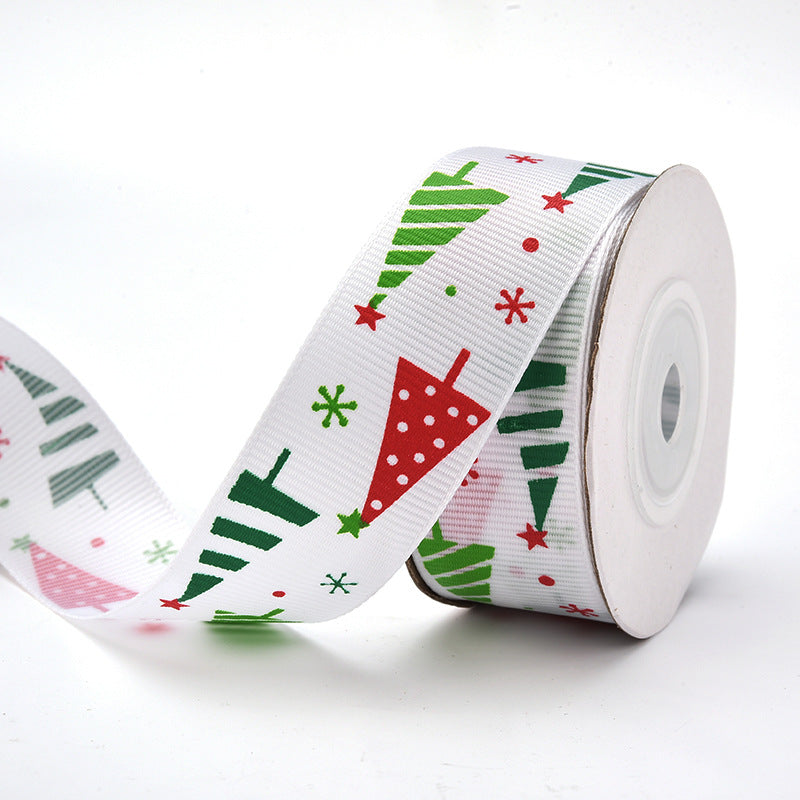 MajorCrafts 25mm 9metres White Christmas Tree Print Grosgrain Fabric Ribbon Roll G06