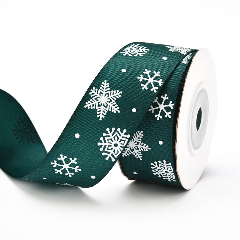 MajorCrafts 25mm 9metres Dark Green & White Snowflakes Christmas Theme Grosgrain Fabric Ribbon Roll G11