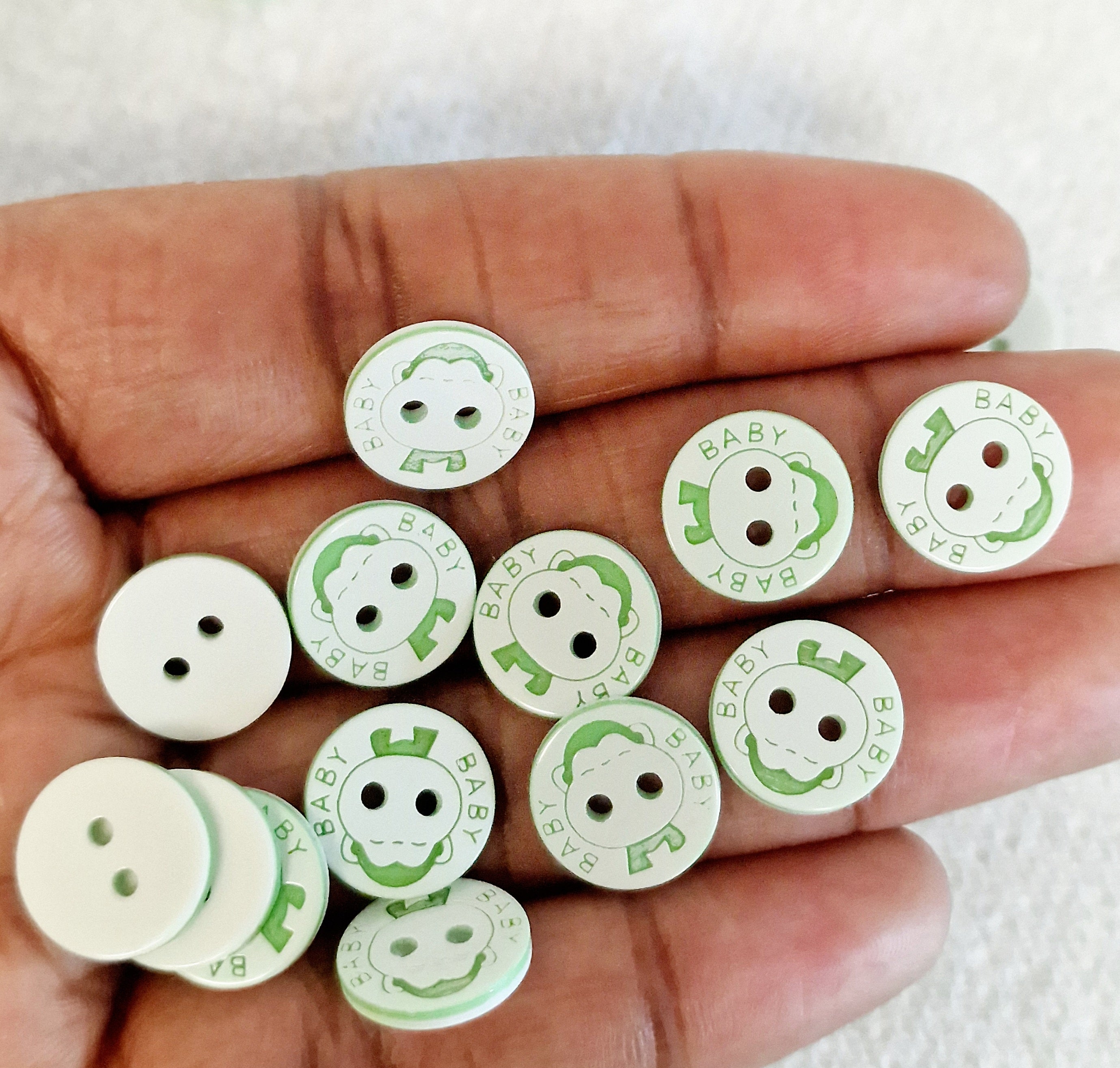 MajorCrafts 48pcs 12.5mm Green & White 'Baby' Printed 2 Holes Small Round Resin Sewing Buttons