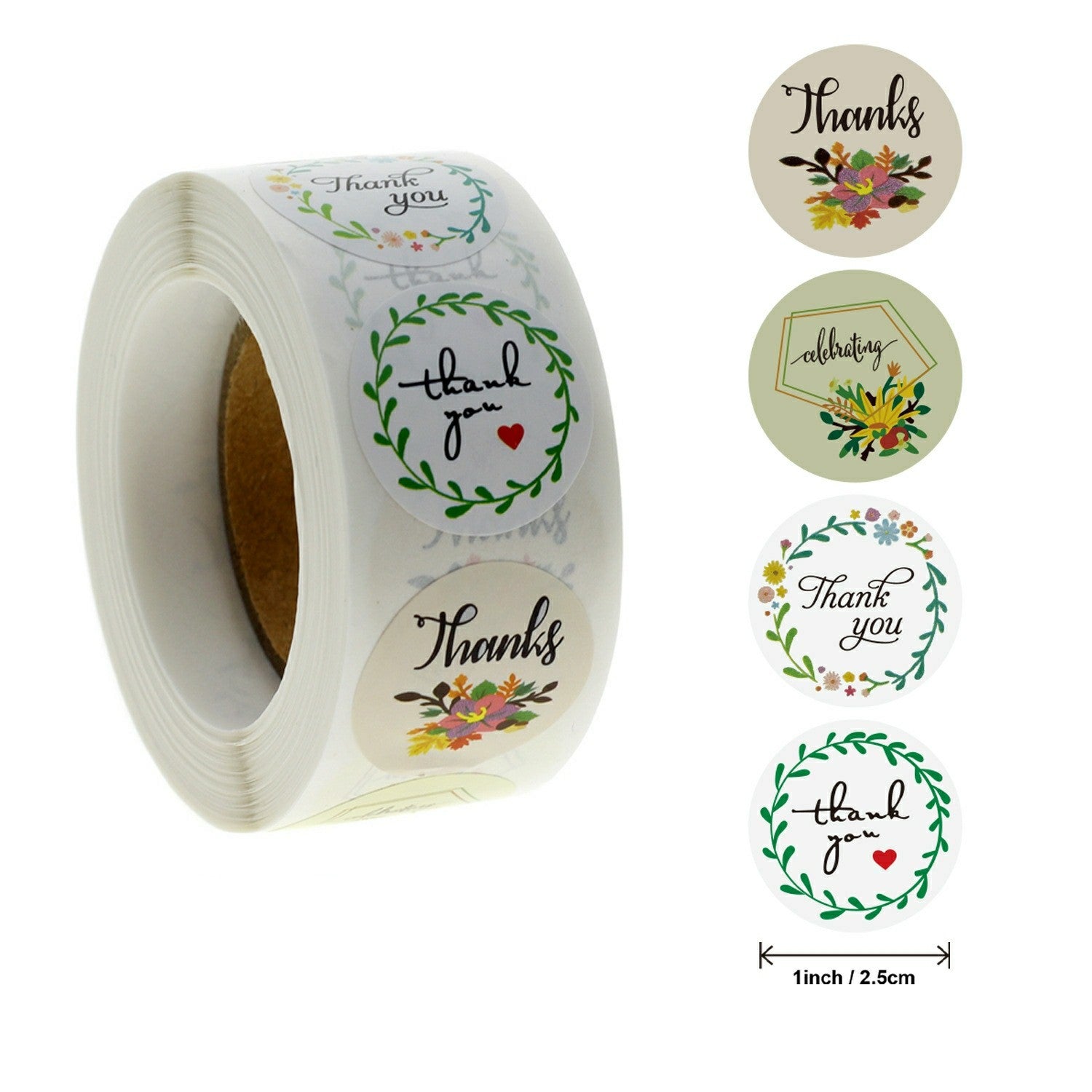 MajorCrafts 500 Labels per roll 2.5cm 1" wide Floral 'Thank you' Printed Round Stickers V138
