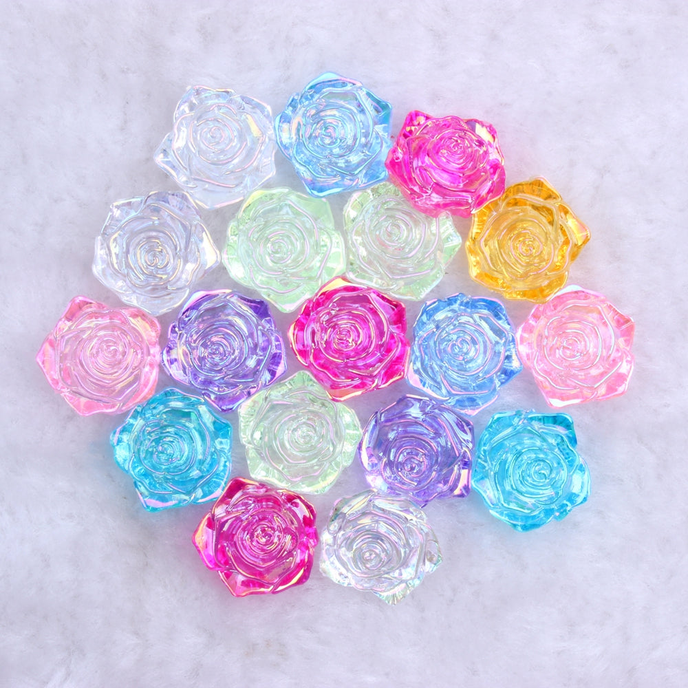 MajorCrafts 20pcs 18mm Clear Mixed AB Flat Back Rose Flower Resin Cabochon Pearls 00A