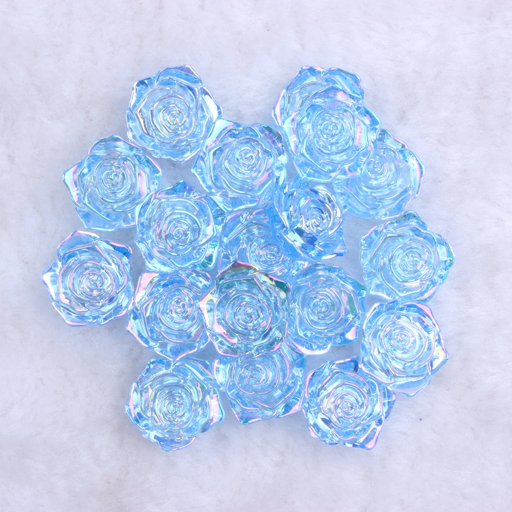 MajorCrafts 20pcs 18mm Clear Light Blue AB Flat Back Rose Flower Resin Cabochon Pearls 01A