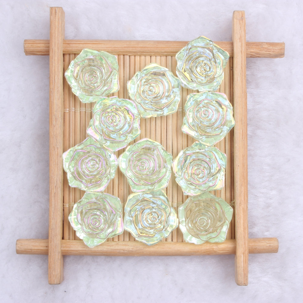 MajorCrafts 20pcs 18mm Clear Light Green AB Flat Back Rose Flower Resin Cabochon Pearls 02A