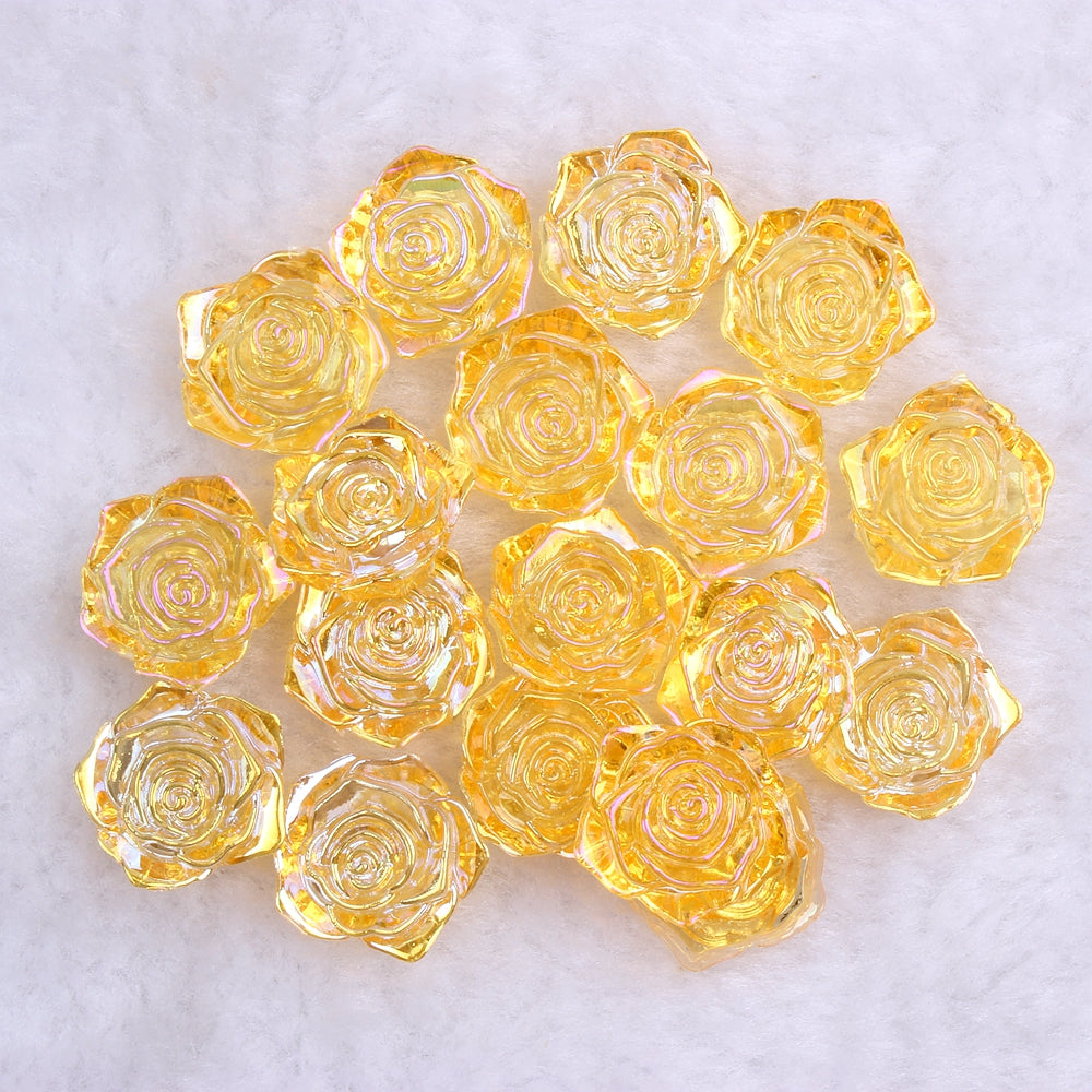 MajorCrafts 20pcs 18mm Clear Gold AB Flat Back Rose Flower Resin Cabochon Pearls 05A