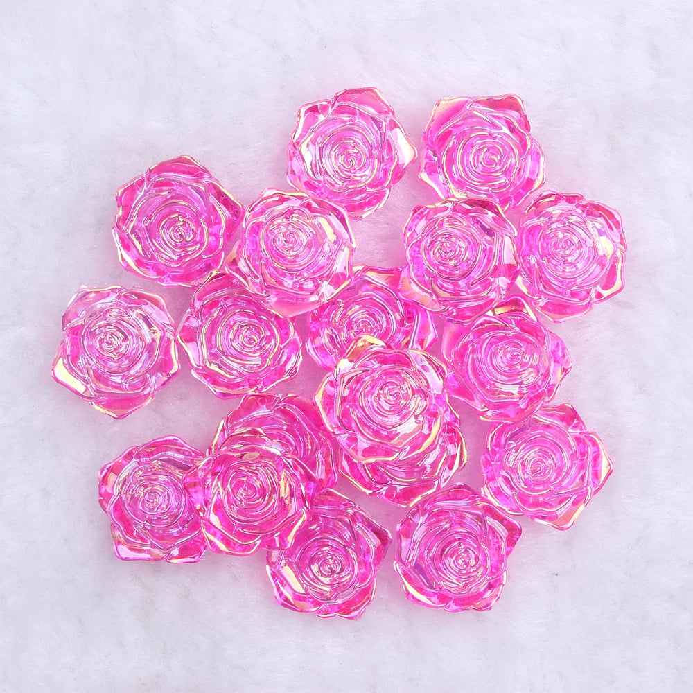 MajorCrafts 20pcs 18mm Clear Rose Pink AB Flat Back Rose Flower Resin Cabochon Pearls 08A