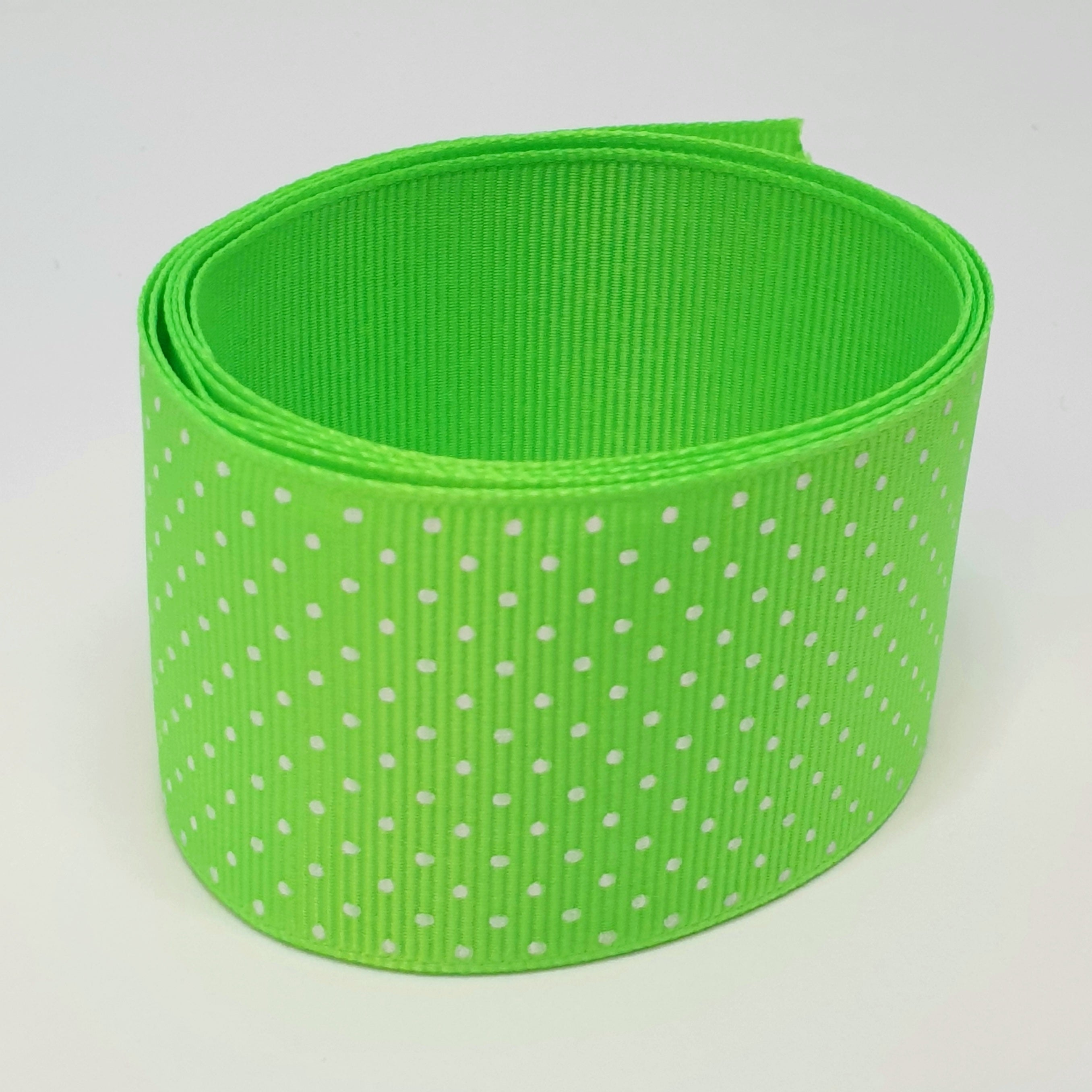MajorCrafts 40mm 1metre Neon Green Polka Dot Single Sided Grosgrain Fabric Ribbon