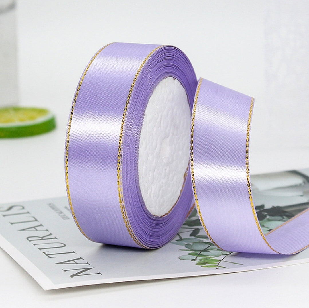 MajorCrafts 25mm 22metres Lilac Purple with Gold Edge Trim Satin Fabri