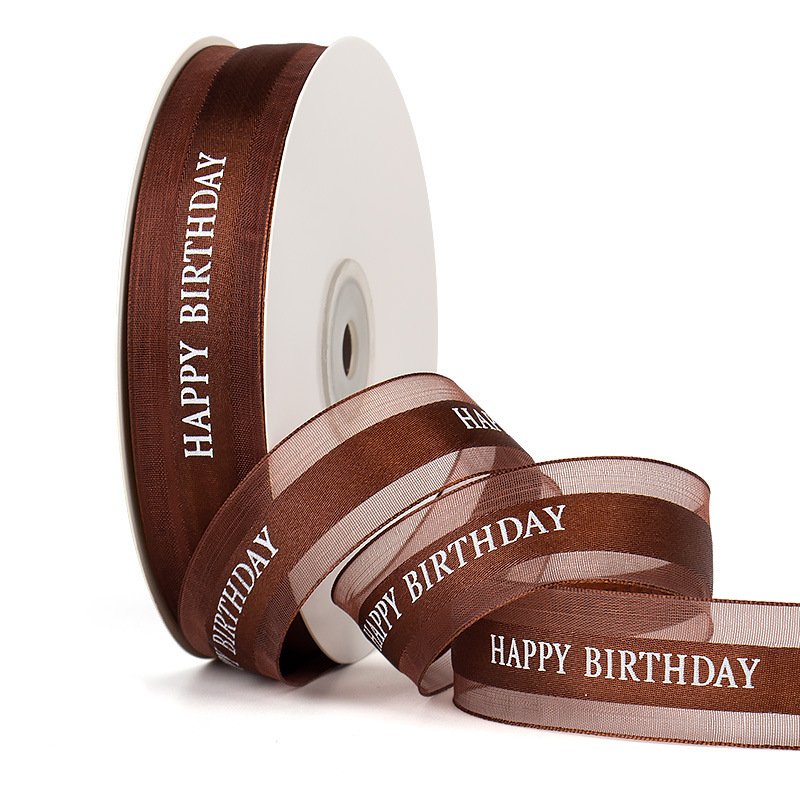 MajorCrafts 25mm 45metres Brown Happy Birthday Printed Satin & Organza Fabric Ribbon Roll