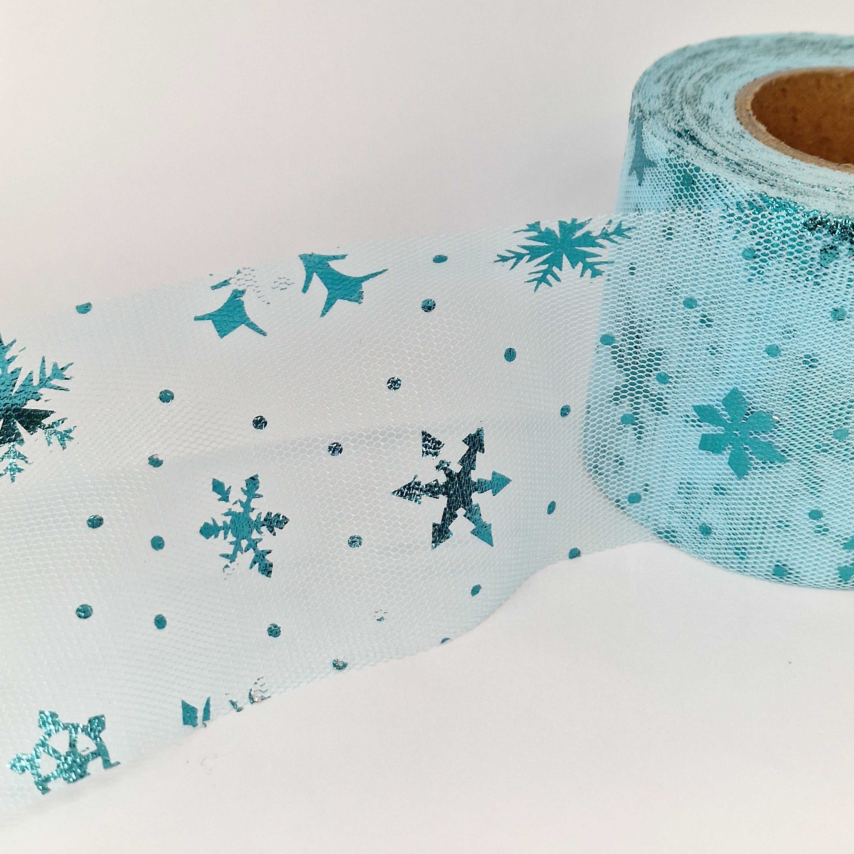 MajorCrafts 60mm 22metres Ocean Blue with Blue Snowflakes Tulle Mesh Ribbon