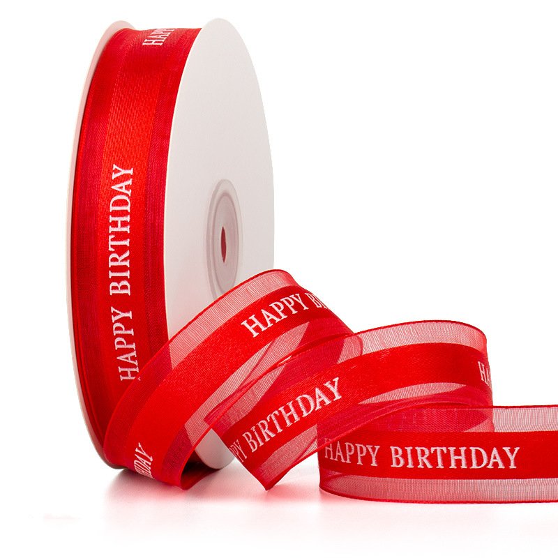 MajorCrafts 25mm 45metres Red Happy Birthday Printed Satin & Organza Fabric Ribbon Roll