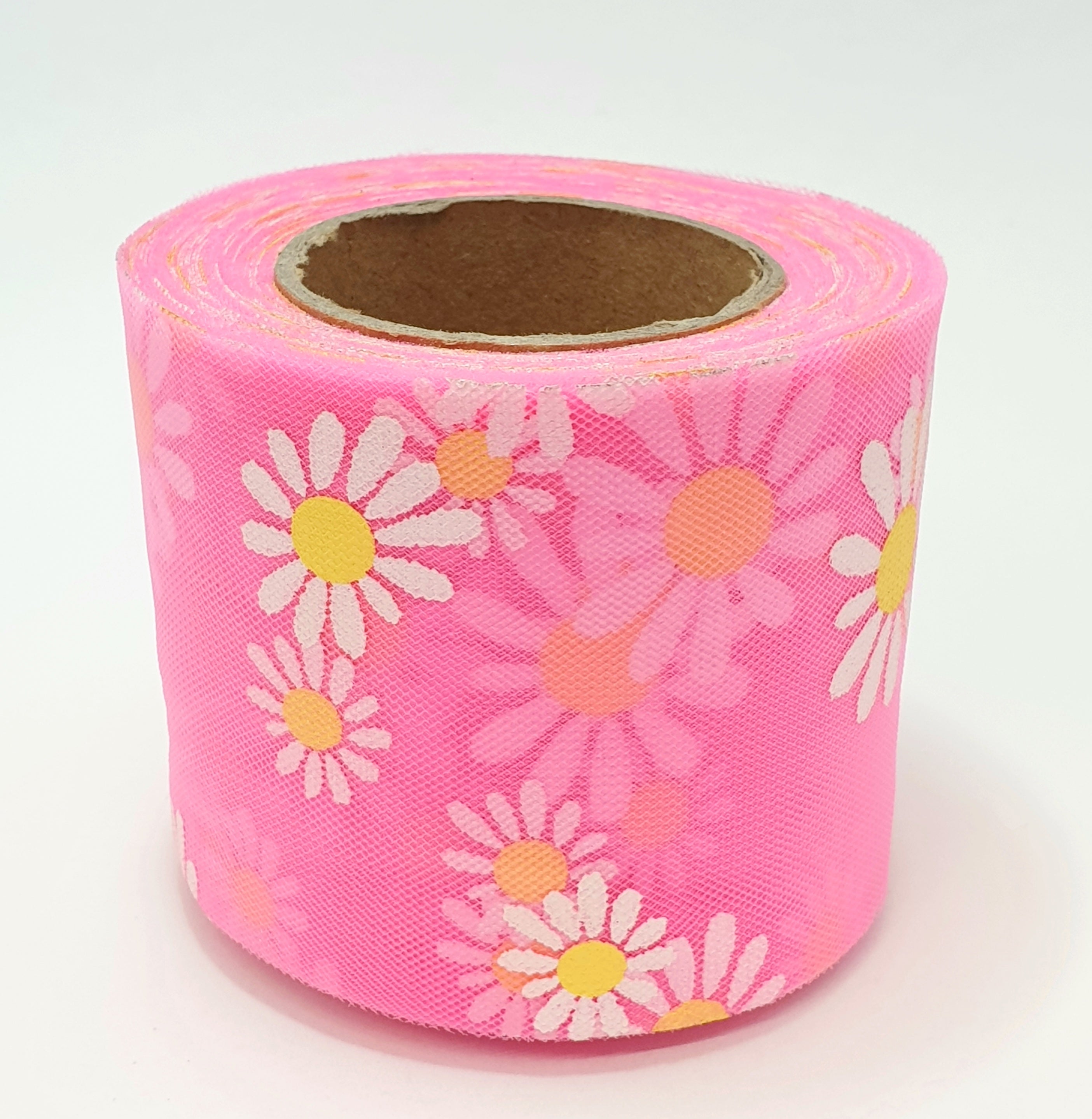 MajorCrafts 60mm 22metres Rose Pink & White Daisy Flower Tulle Mesh Ribbon