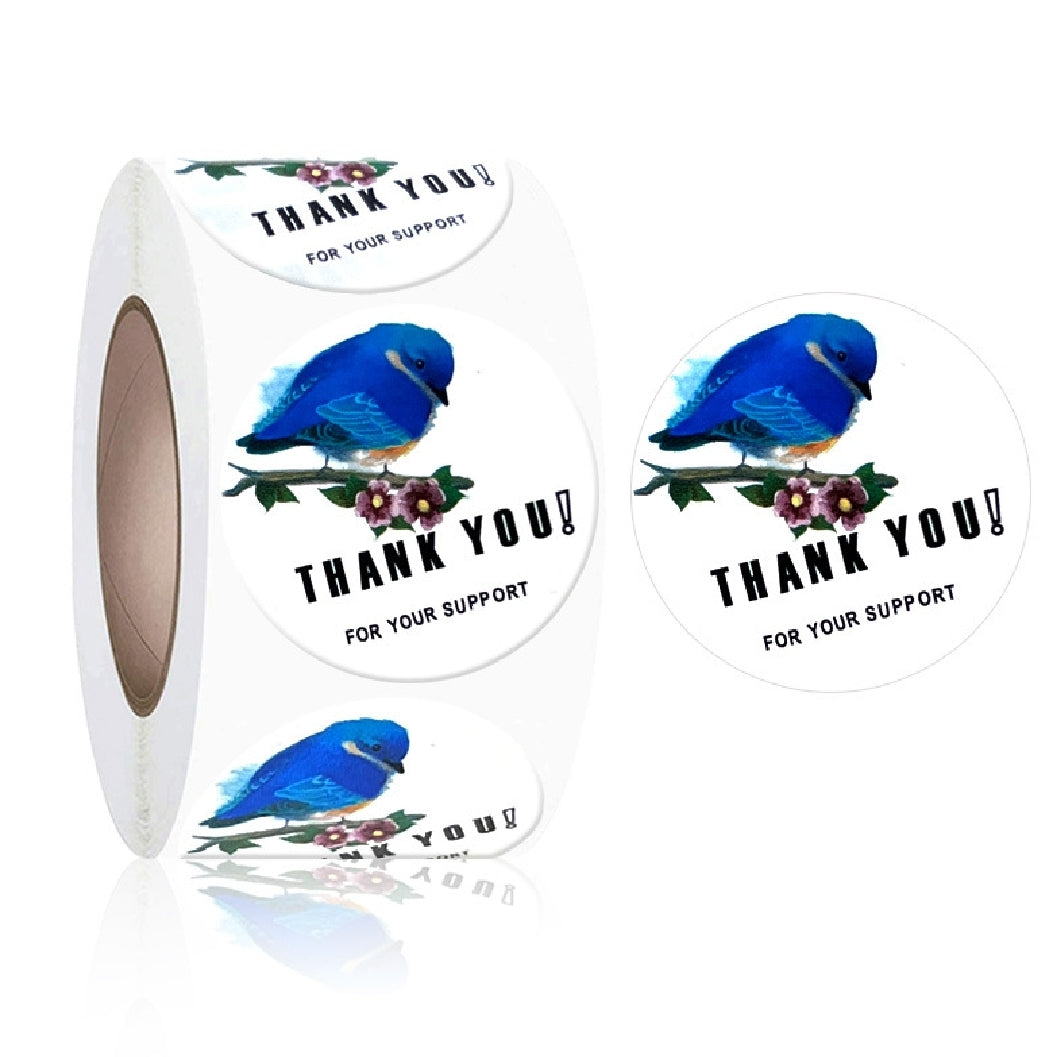 MajorCrafts 500 Labels per roll 2.5cm 1" Blue Bird & Black 'Thank You For Your Support' Printed Round Sticker Labels V070