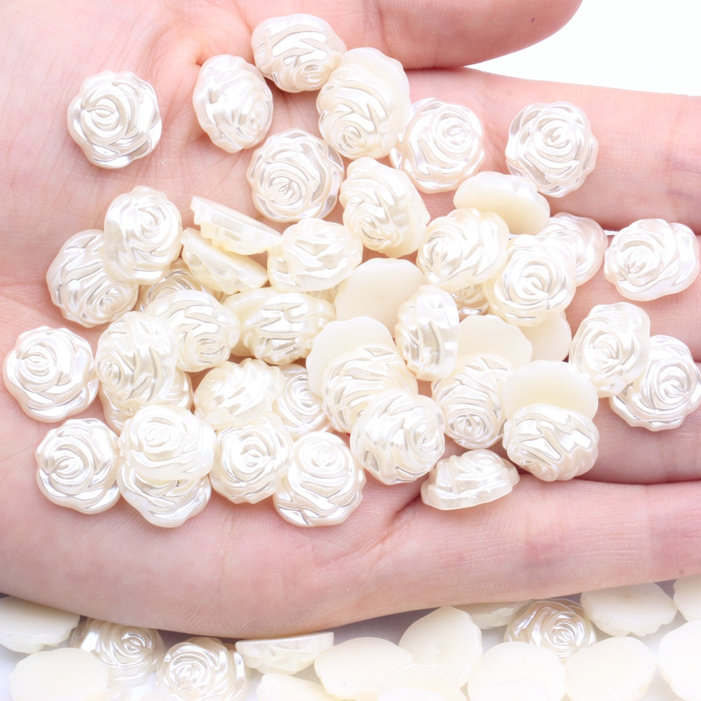 MajorCrafts 80pcs 12mm Cream Ivory Flat Back Rose Flower Resin Pearls