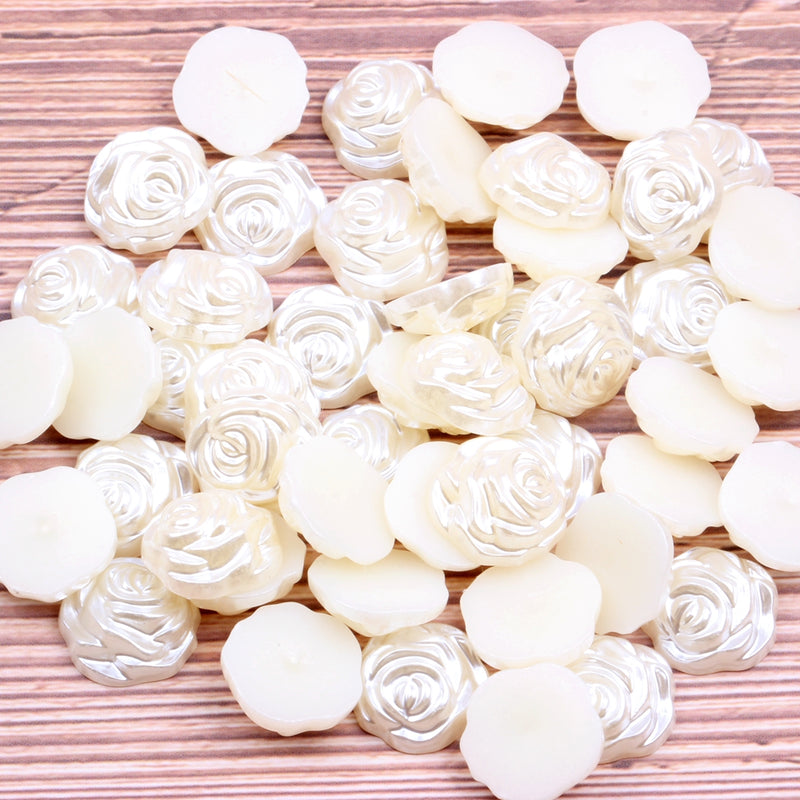 MajorCrafts 80pcs 12mm Cream Ivory Flat Back Rose Flower Resin Pearls