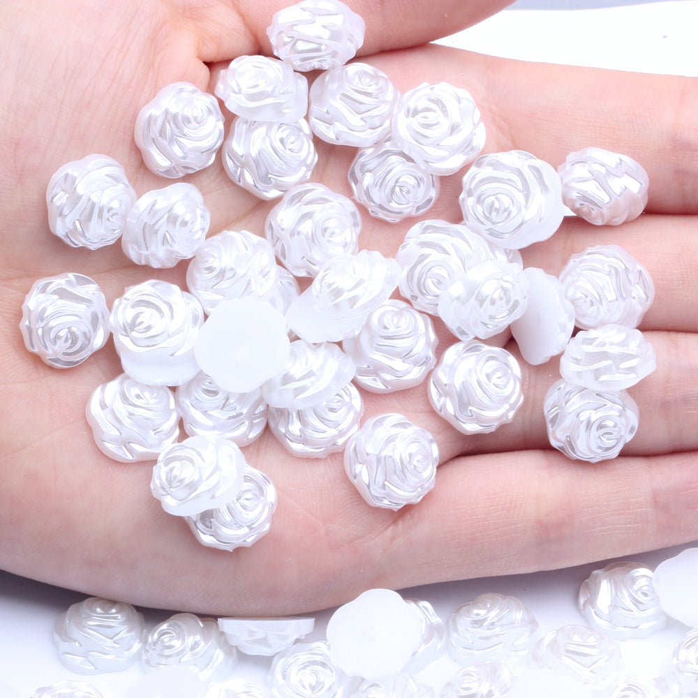 MajorCrafts 80pcs 12mm White Flat Back Rose Flower Resin Pearls
