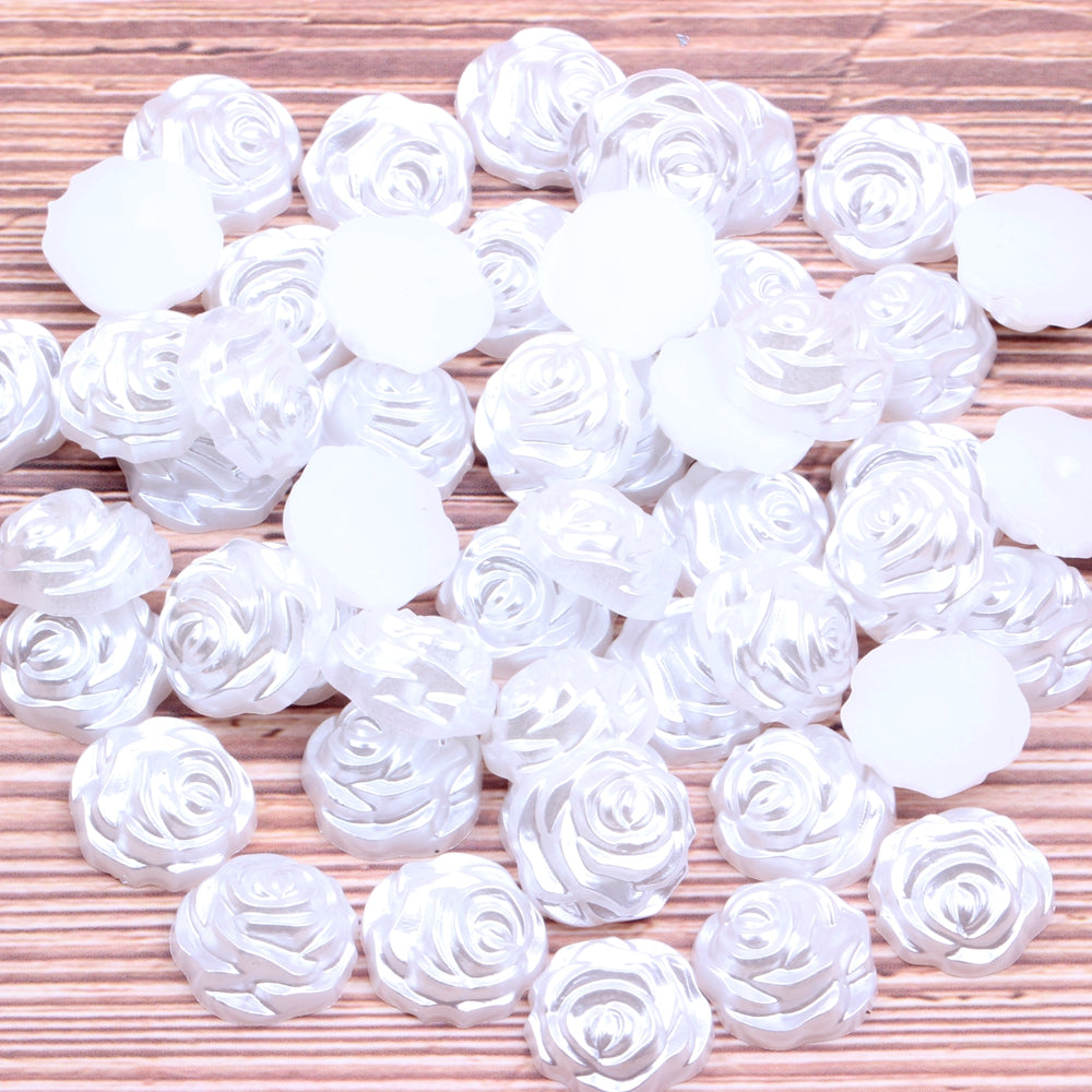 MajorCrafts 80pcs 12mm White Flat Back Rose Flower Resin Pearls