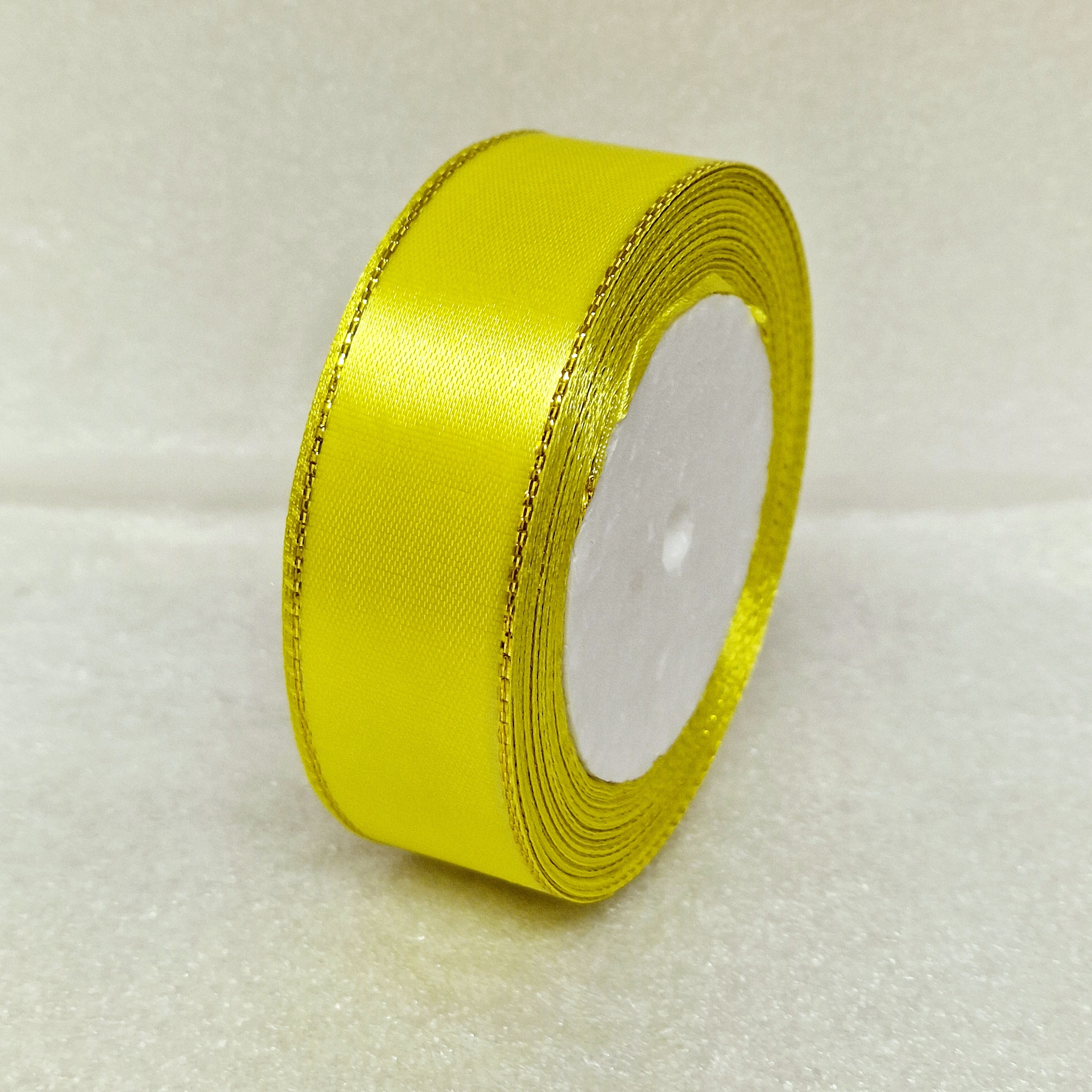 MajorCrafts 25mm 22metres Bright Yellow with Gold Edge Trim Satin Fabric Ribbon Roll R15