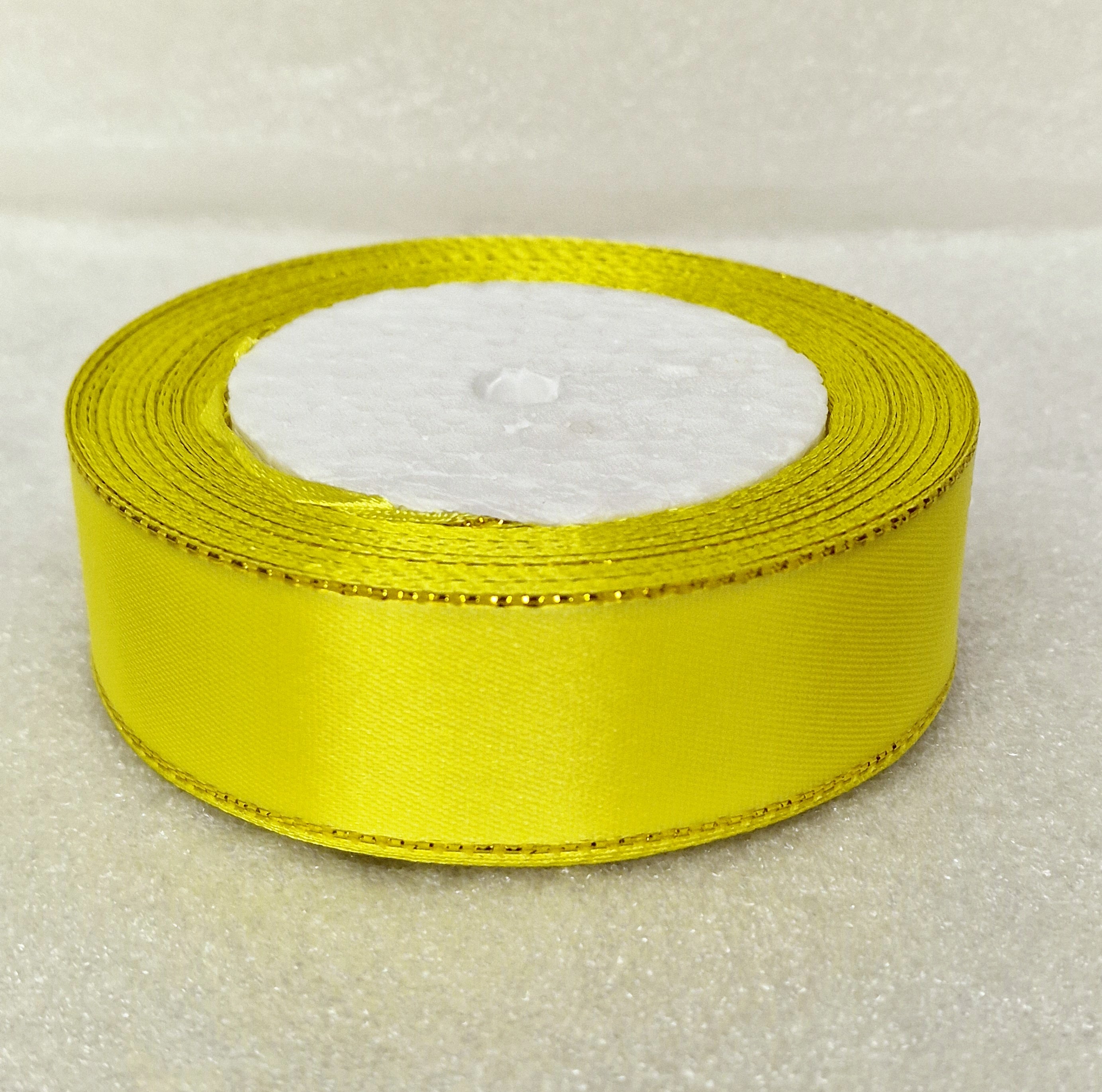 MajorCrafts 25mm 22metres Bright Yellow with Gold Edge Trim Satin Fabric Ribbon Roll R15