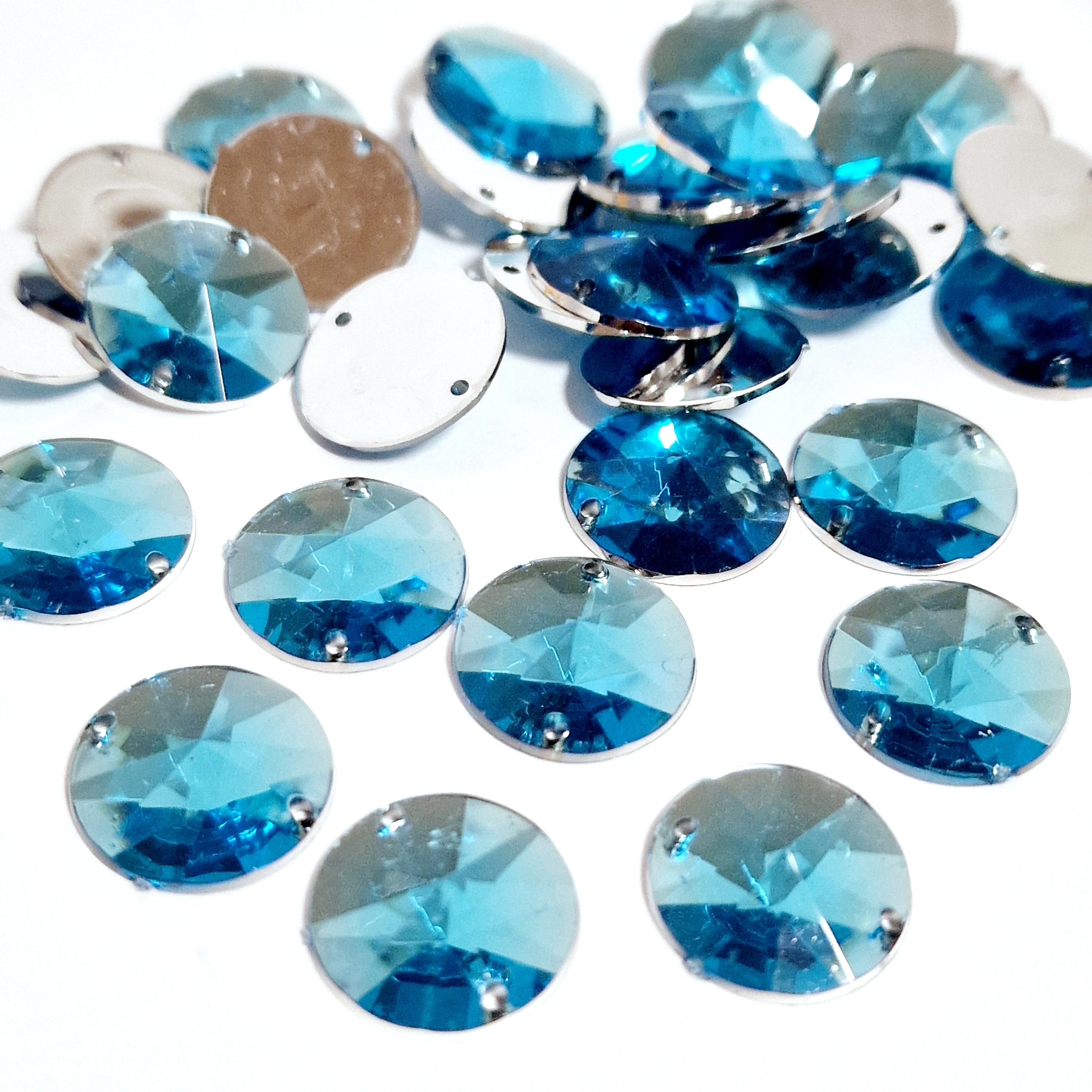 MajorCrafts 60pcs 14mm Light Blue Round Acrylic Pointed Rivoli Sewing Rhinestones