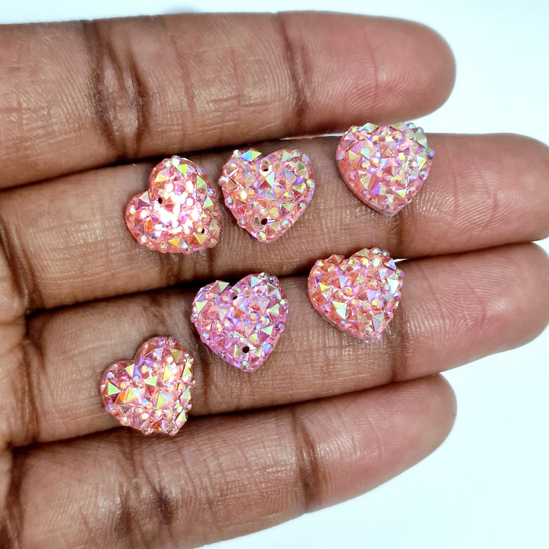 MajorCrafts 50pcs 12mm Light Pink AB Heart 2 Holes Resin Sew On Rhinestones