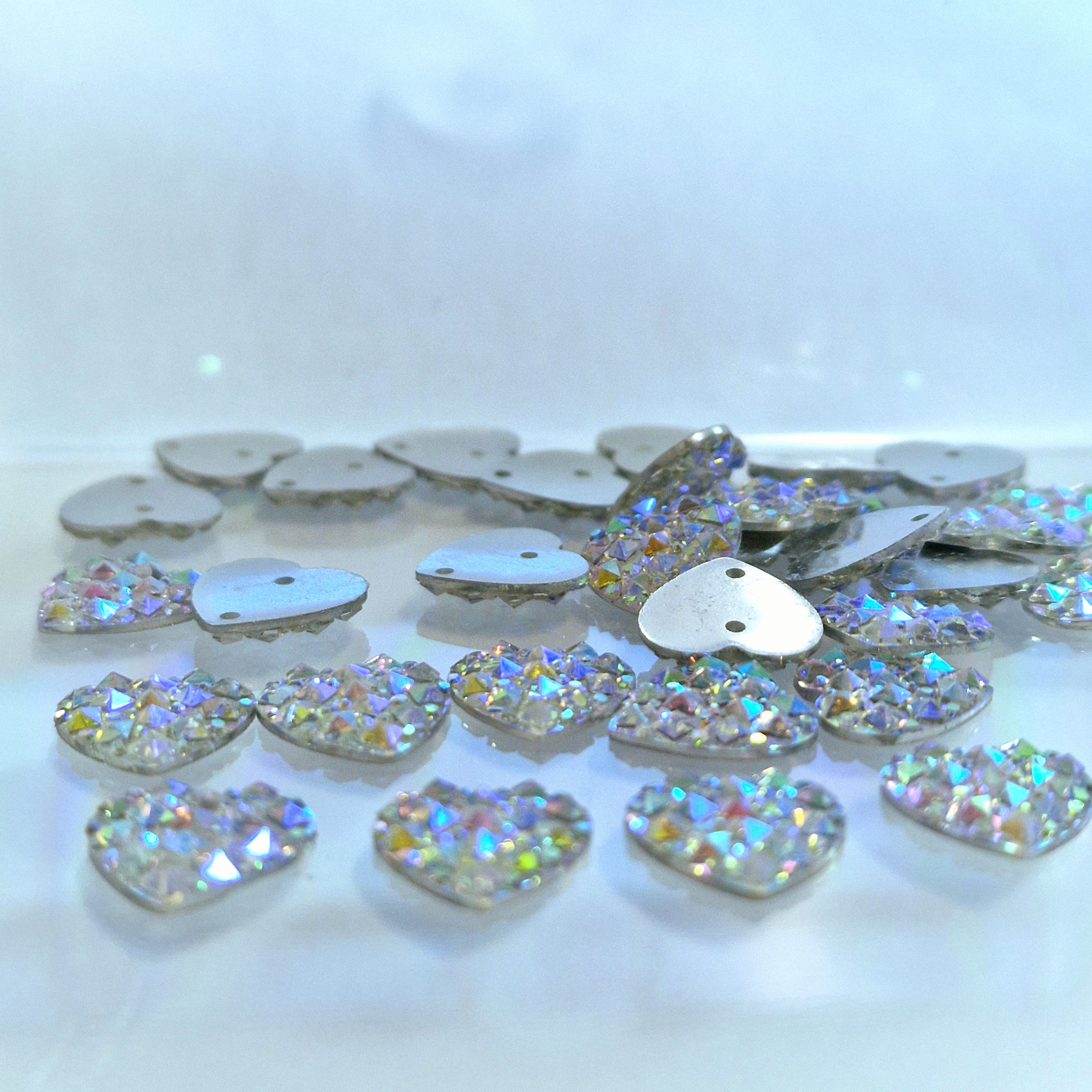 MajorCrafts 60pcs 12mm Crystal AB Heart 2 Holes Resin Sew On Rhinestones (Slim Version)