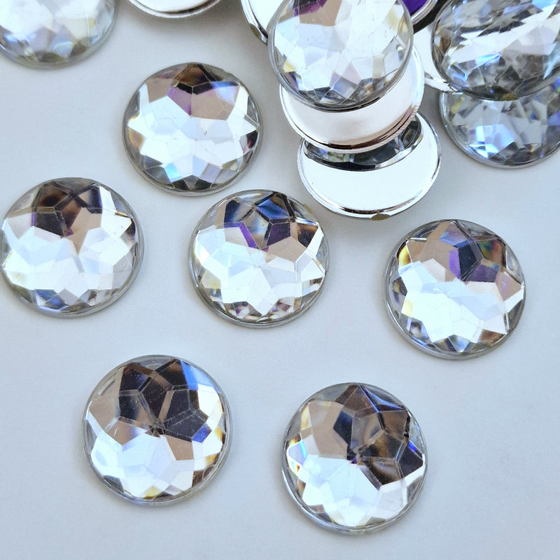 MajorCrafts 50pcs 15mm Crystal Clear Star Facets Flat Back Round Acrylic Rhinestones