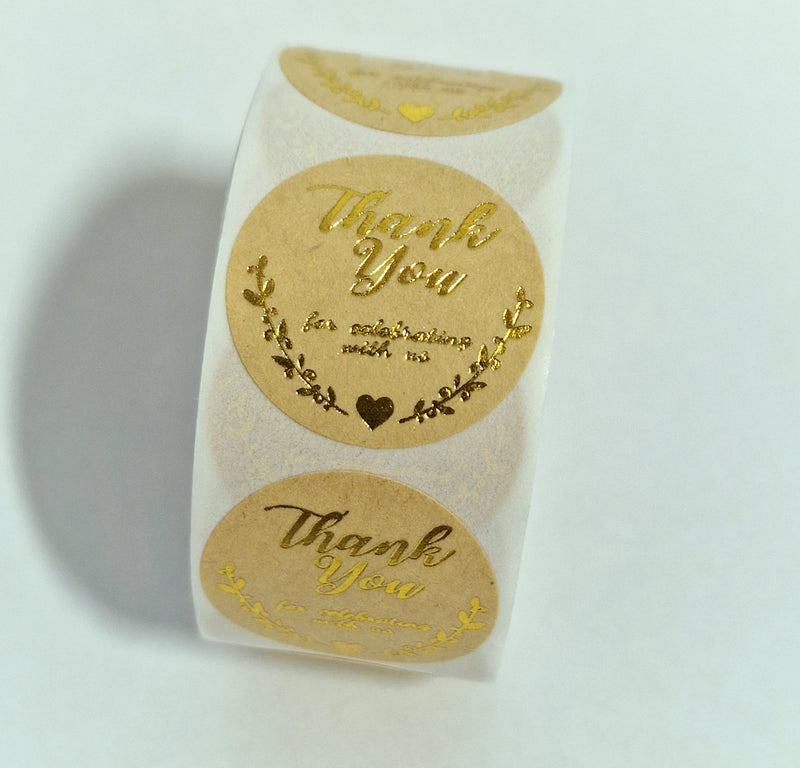 MajorCrafts 500 Labels per roll 2.5cm 1" wide Brown & Gold 'Thank You For Celebrating With Us' Printed Round Stickers V011
