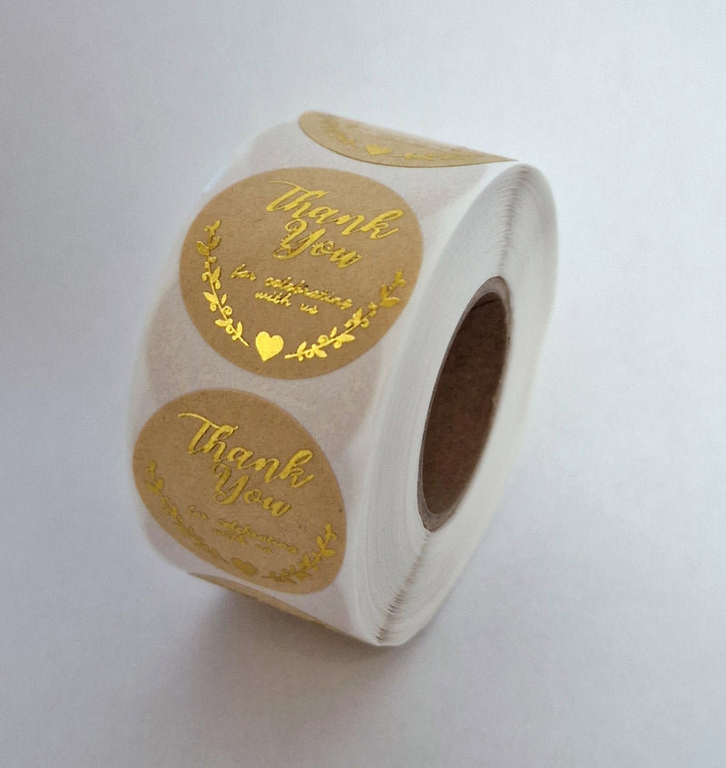 MajorCrafts 500 Labels per roll 2.5cm 1" wide Brown & Gold 'Thank You For Celebrating With Us' Printed Round Stickers V011