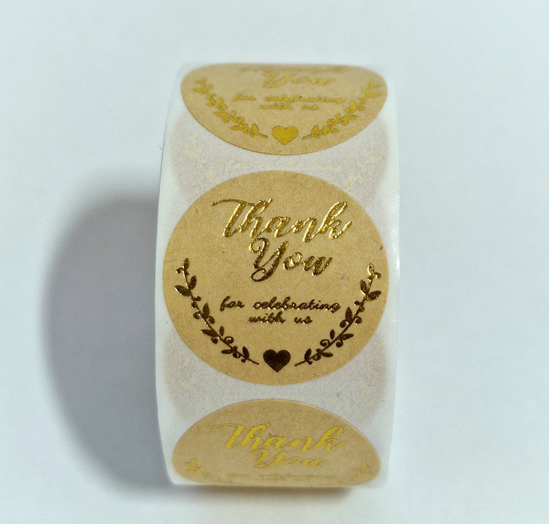 MajorCrafts 500 Labels per roll 2.5cm 1" wide Brown & Gold 'Thank You For Celebrating With Us' Printed Round Stickers V011