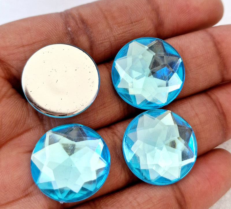 MajorCrafts 24pcs 20mm Sky Blue Star Facets Flat Back Large Round Acrylic Rhinestones
