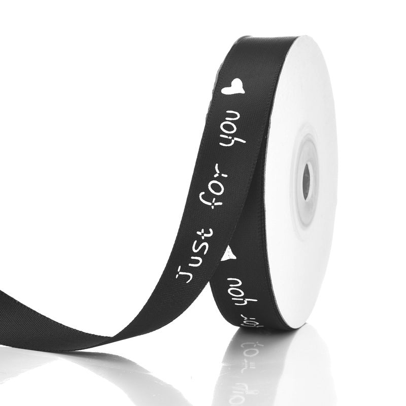MajorCrafts 15mm 22metres Black 'Just For You' Printed Satin Fabric Ribbon Roll