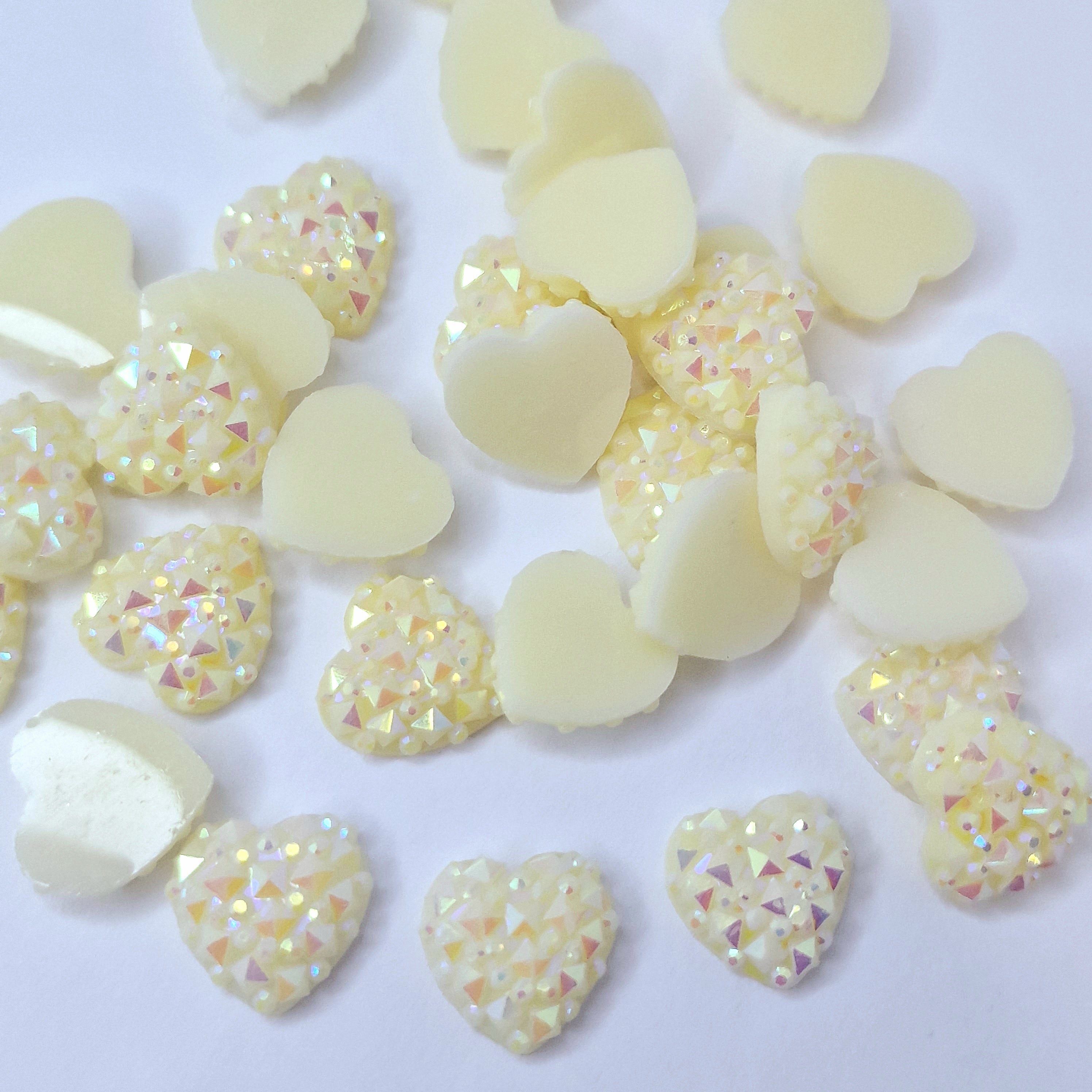 MajorCrafts 60pcs 12mm Cream Ivory Jelly Flat Back AB Heart Multi-Facets Resin Rhinestones