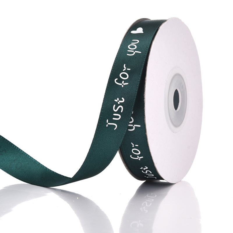 MajorCrafts 15mm 22metres Dark Green 'Just For You' Printed Satin Fabric Ribbon Roll