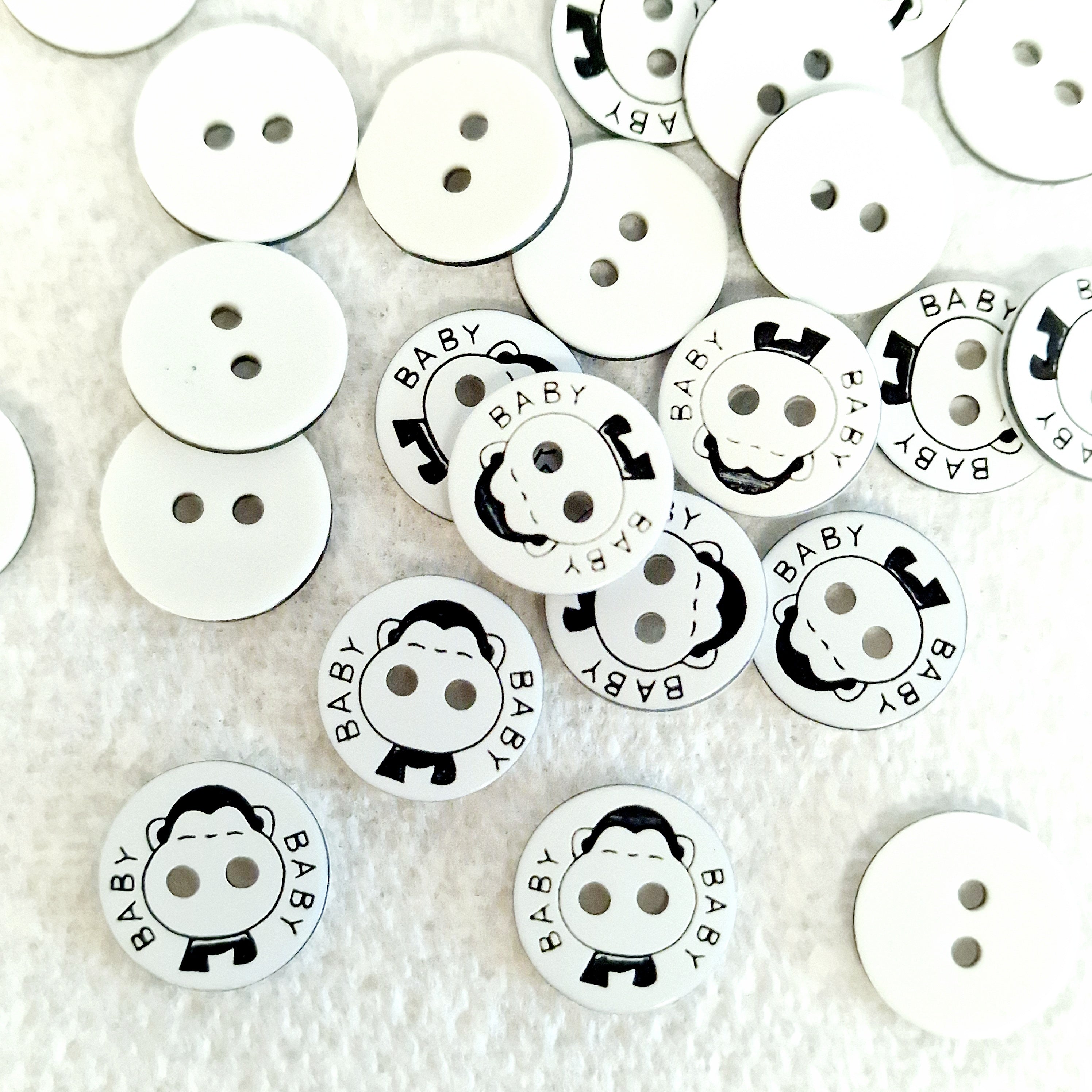 MajorCrafts 48pcs 12.5mm Black & White 'Baby' Printed 2 Holes Small Round Resin Sewing Buttons