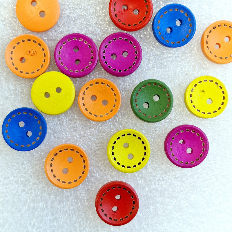 MajorCrafts 44pcs 15mm Bright Mixed Colours Stitch Pattern Round 2 Holes Wooden Sewing Buttons