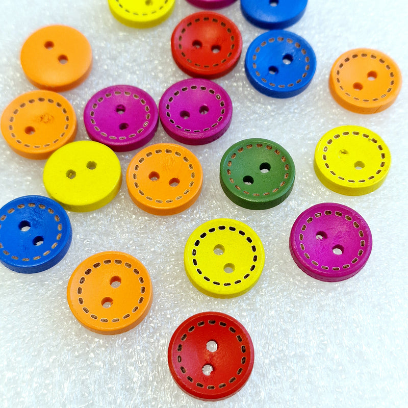 MajorCrafts 44pcs 15mm Bright Mixed Colours Stitch Pattern Round 2 Holes Wooden Sewing Buttons