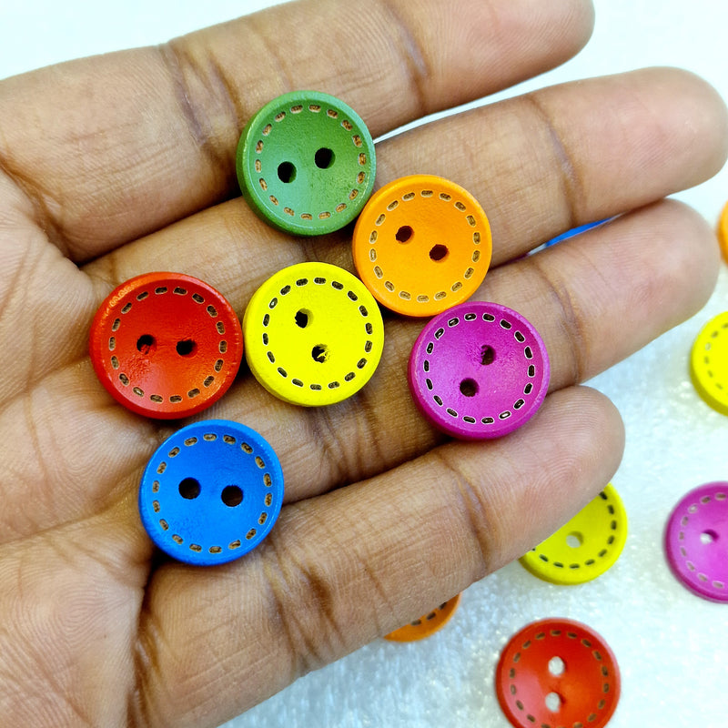 MajorCrafts 44pcs 15mm Bright Mixed Colours Stitch Pattern Round 2 Holes Wooden Sewing Buttons