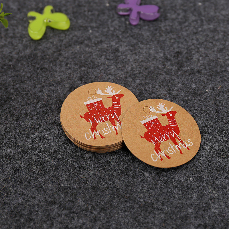 MajorCrafts 50pcs Kraft Brown & Red 4.5cm Reindeer Print Round Christmas Gift Tags