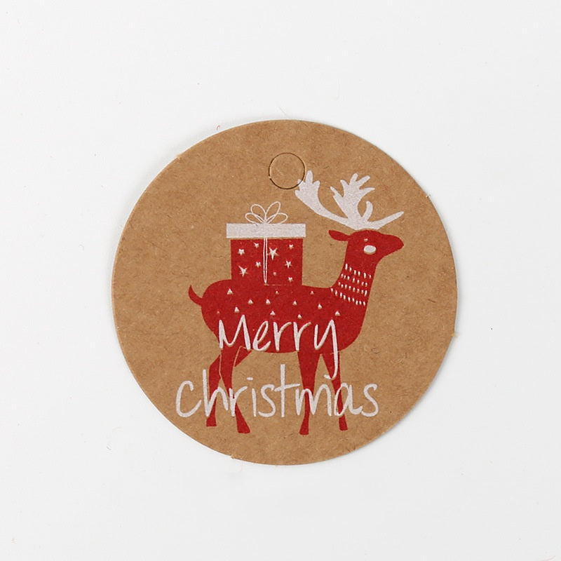 MajorCrafts 50pcs Kraft Brown & Red 4.5cm Reindeer Print Round Christmas Gift Tags