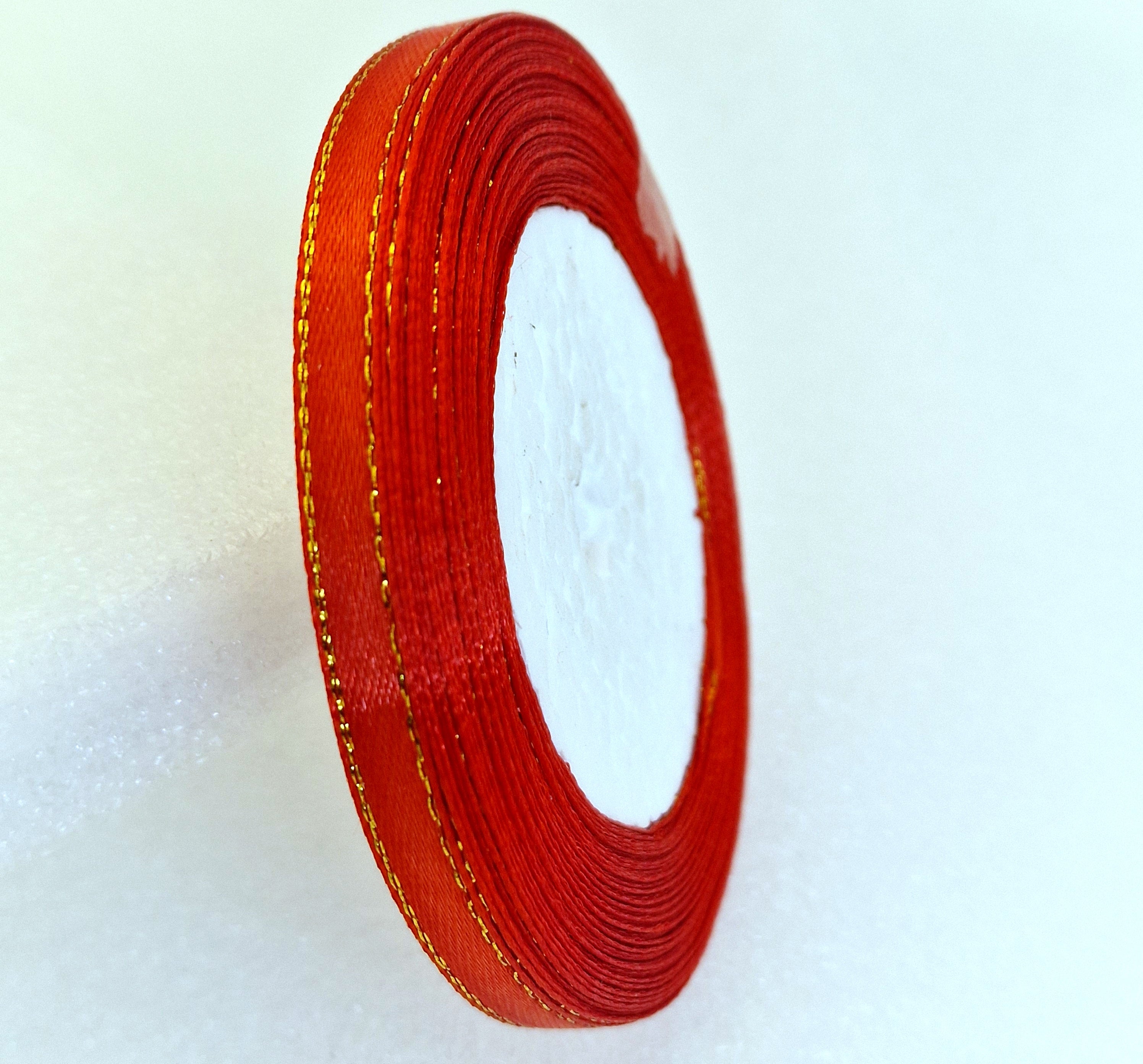 MajorCrafts 6mm 22metres Crimson Red with Gold Edge Trim Satin Fabric Ribbon Roll
