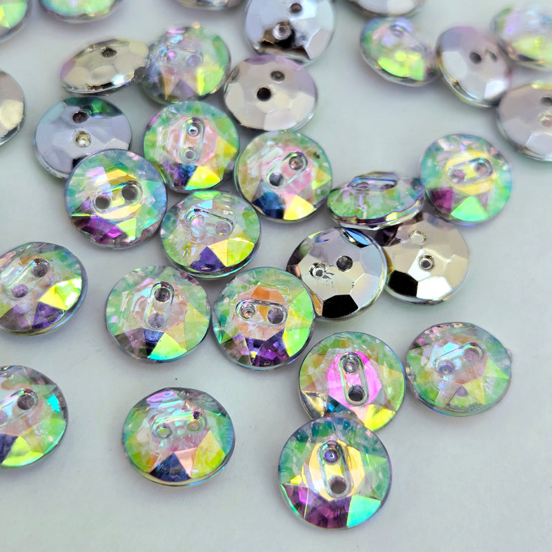MajorCrafts 80pcs 10mm Crystal AB Faceted 2 Holes Round Small Acrylic Sewing Buttons