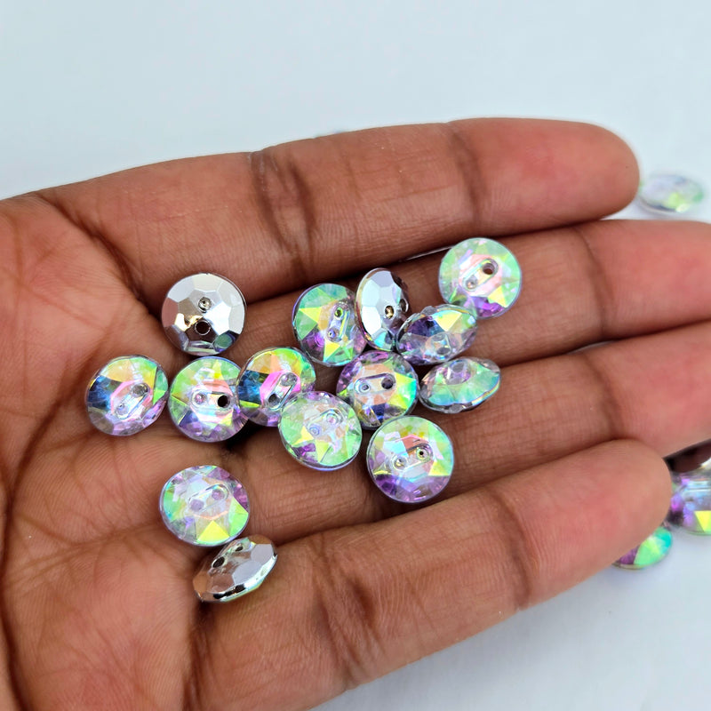 MajorCrafts 80pcs 10mm Crystal AB Faceted 2 Holes Round Small Acrylic Sewing Buttons