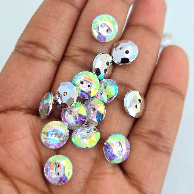 MajorCrafts 80pcs 10mm Crystal AB Faceted 2 Holes Round Small Acrylic Sewing Buttons