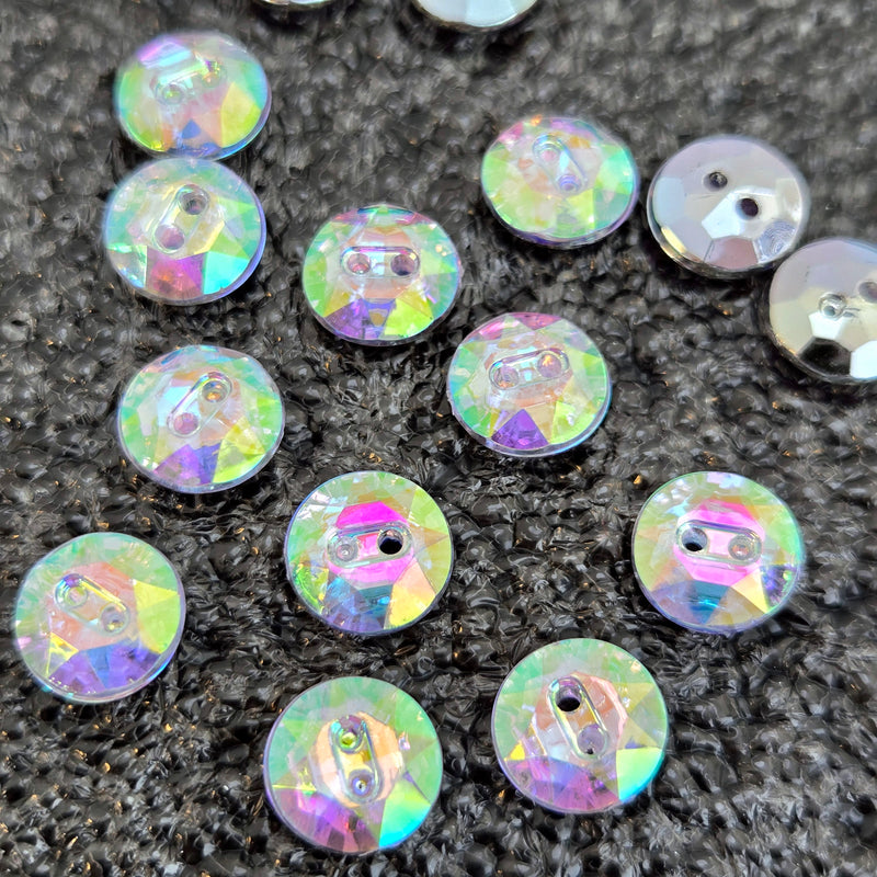 MajorCrafts 80pcs 10mm Crystal AB Faceted 2 Holes Round Small Acrylic Sewing Buttons