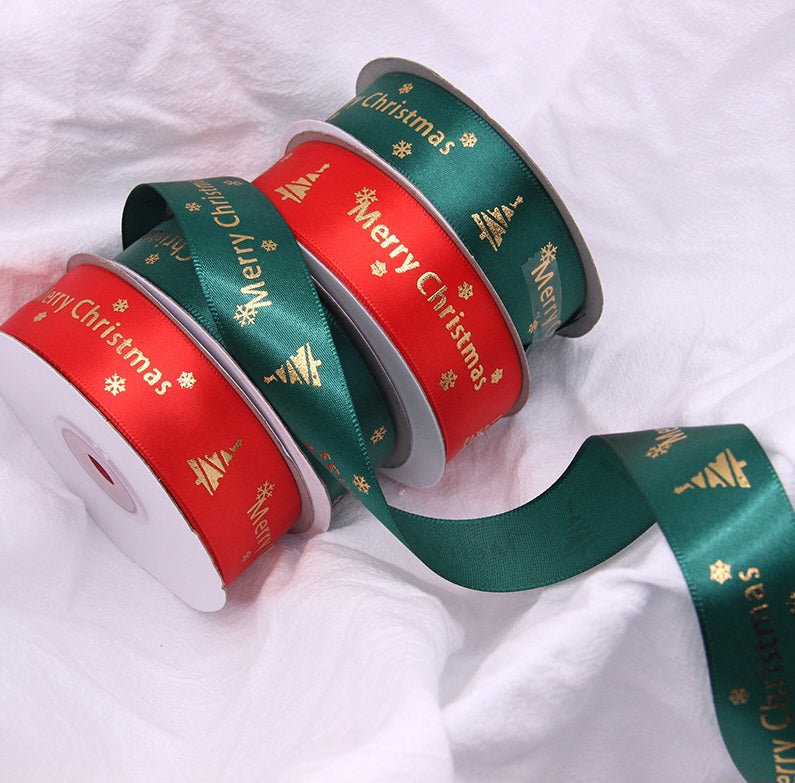 MajorCrafts 25mm 9metres Dark Green & Gold Merry Christmas Satin Fabric Ribbon Roll