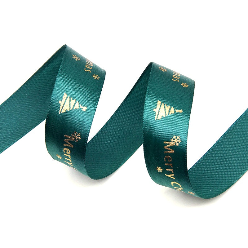 MajorCrafts 25mm 9metres Dark Green & Gold Merry Christmas Satin Fabric Ribbon Roll