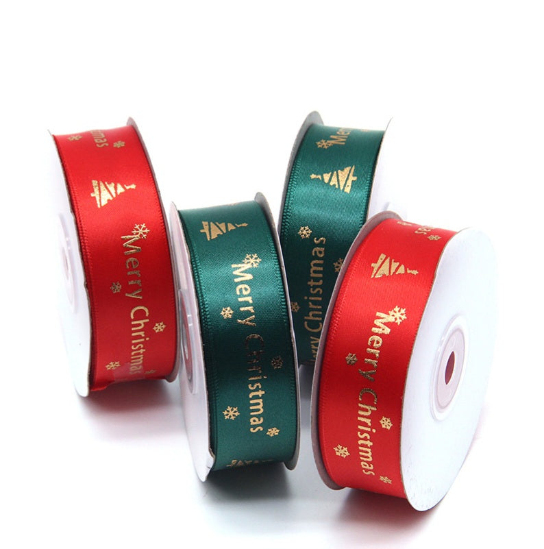 MajorCrafts 25mm 9metres Red & Gold Merry Christmas Satin Fabric Ribbon Roll